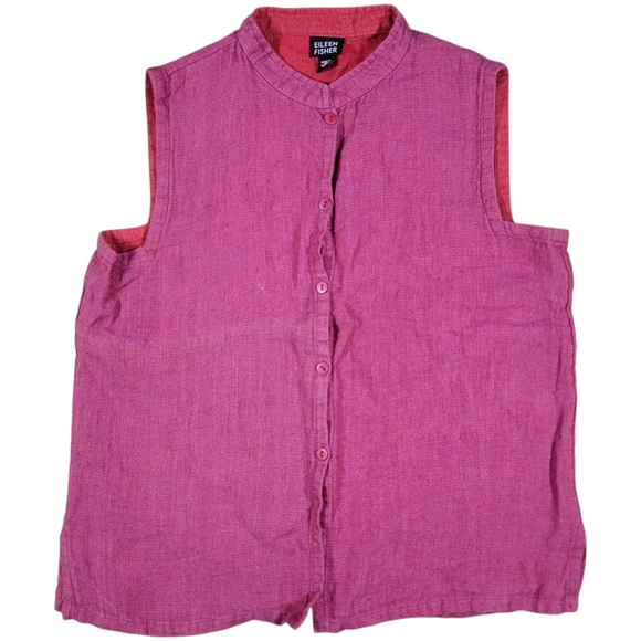 Eileen Fisher Tops - Eileen‎ Fisher 100% Linen Top Womens S Pink Sleeveless Button Up Mandarin Collar